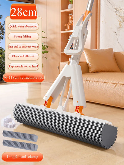 White Orange Water-absorbent Mop Super-Absorbent Roller with 2 Absorbent Mop Head Refills Hangable Lazy Sponge One-mop Clean