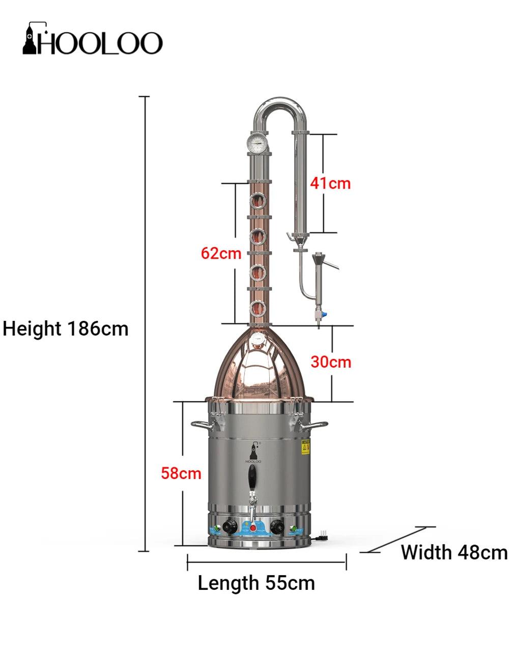 HOOLOO RST65 Distiller Home Electric Heating Moonshine Still Distillation Machine Copper Rocket Lid Column Brandy Whisky Rum
