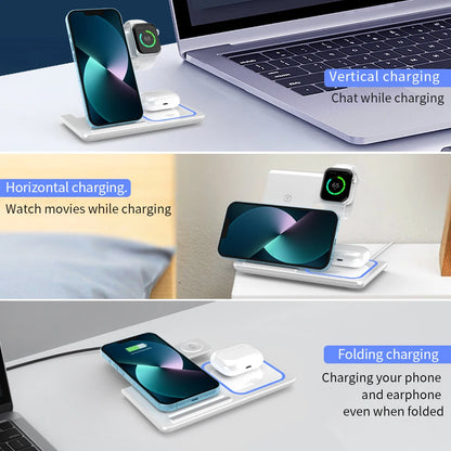 200W 3 in 1 Wireless Charger Stand Pad Foldable Fast Charging Station Dock For iPhone 16 15 14 13 12 11 X 8 Apple Watch Airpods