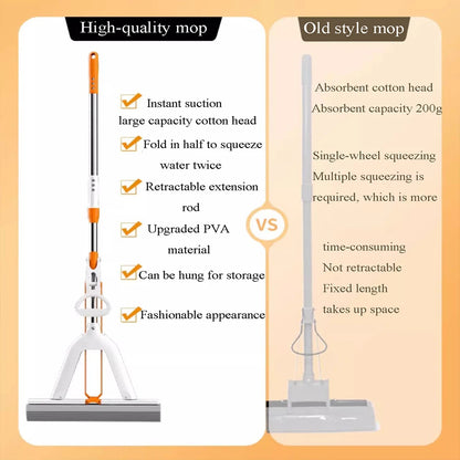 White Orange Water-absorbent Mop Super-Absorbent Roller with 2 Absorbent Mop Head Refills Hangable Lazy Sponge One-mop Clean