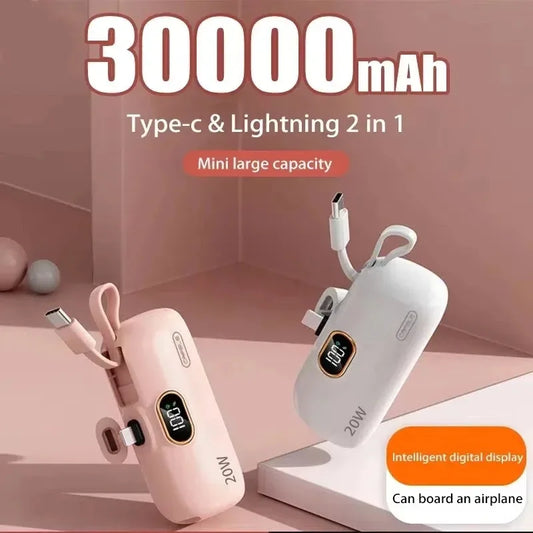 30000mAh Mini Portable Power Bank Capsule Mobile Power Supply Emergency External Battery Fast Charger For Type-c iPhone Samsung