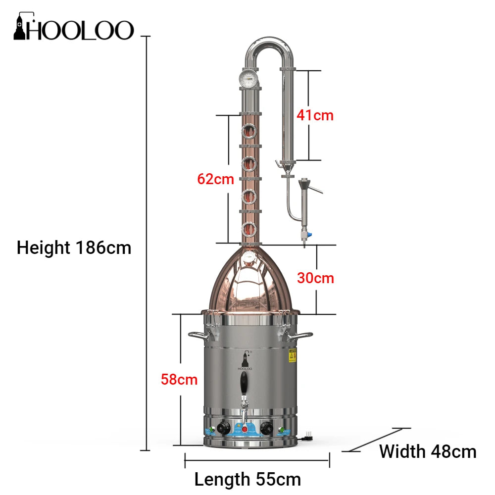 HOOLOO RST65 Distiller Home Electric Heating Moonshine Still Distillation Machine Copper Rocket Lid Column Brandy Whisky Rum