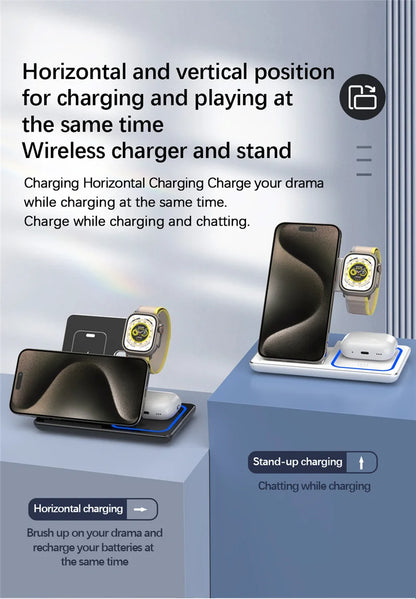 200W 3 in 1 Wireless Charger Stand Pad Foldable Fast Charging Station Dock For iPhone 16 15 14 13 12 11 X 8 Apple Watch Airpods
