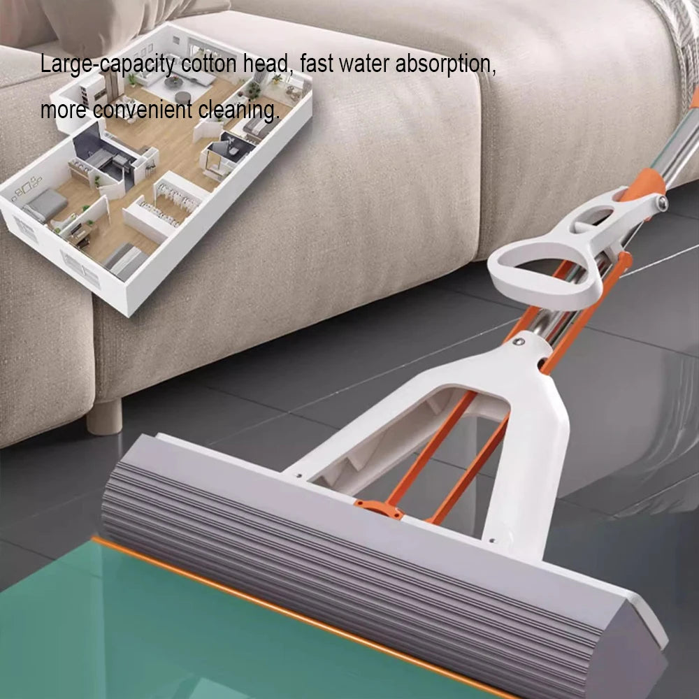 White Orange Water-absorbent Mop Super-Absorbent Roller with 2 Absorbent Mop Head Refills Hangable Lazy Sponge One-mop Clean