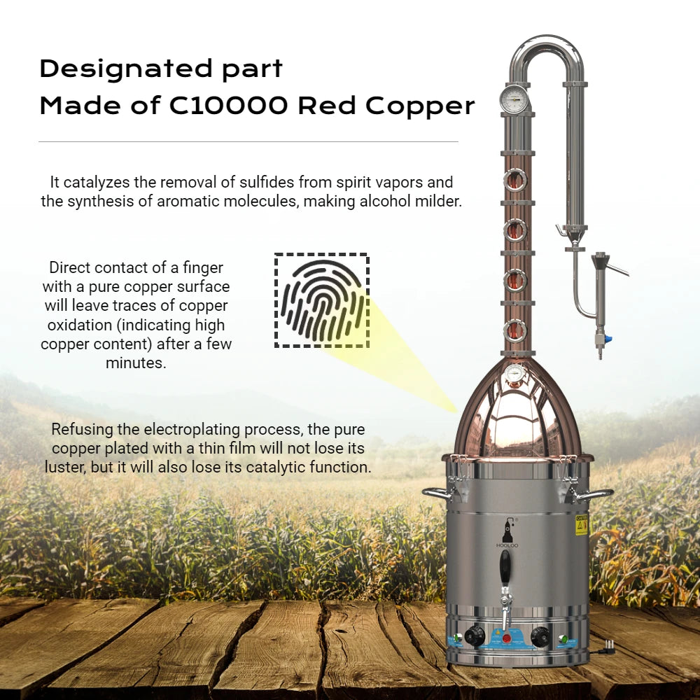 HOOLOO RST65 Distiller Home Electric Heating Moonshine Still Distillation Machine Copper Rocket Lid Column Brandy Whisky Rum
