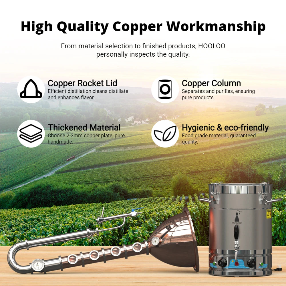 HOOLOO RST65 Distiller Home Electric Heating Moonshine Still Distillation Machine Copper Rocket Lid Column Brandy Whisky Rum