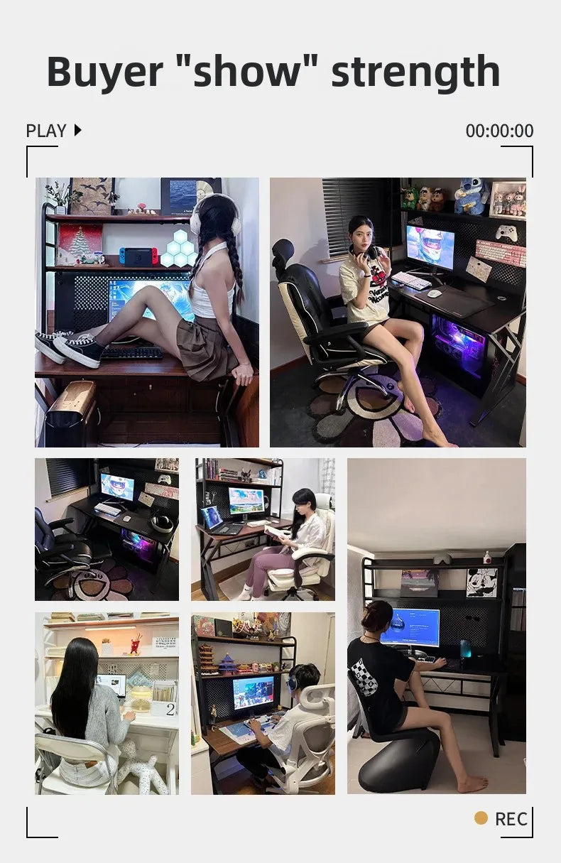 Ergonomic Gaming Desk with Built-in Bookshelf, Cable Management System | Compact Computer Desk for Small Spaces, Bedroom, Home