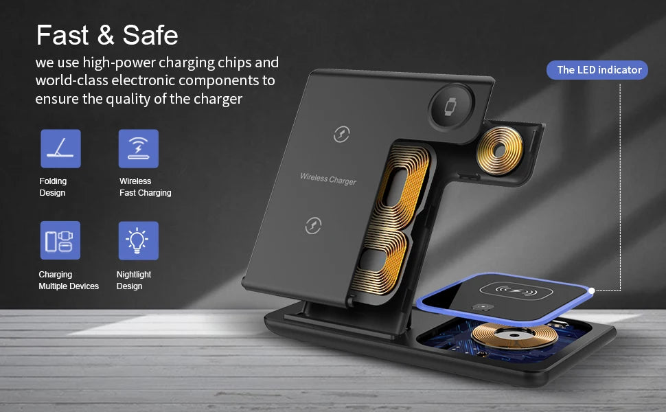 200W 3 in 1 Wireless Charger Stand Pad Foldable Fast Charging Station Dock For iPhone 16 15 14 13 12 11 X 8 Apple Watch Airpods