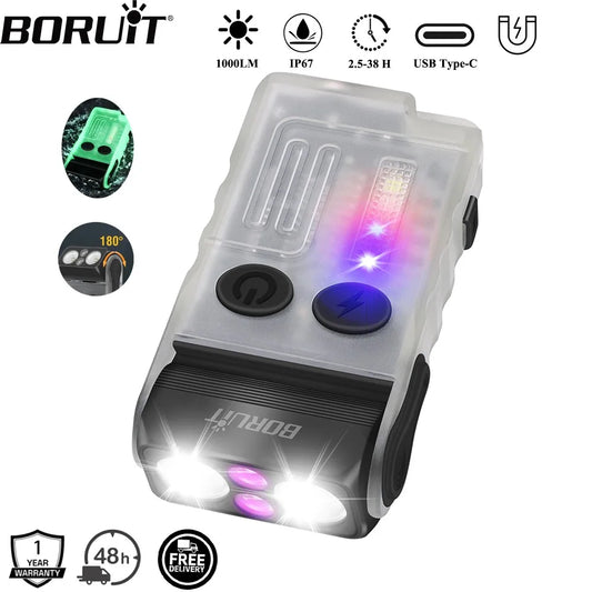 BORUiT V20-1 Keychain EDC LED UV Flashlight Type-C Rechargeable Torch Buzzer Work Light with Clip Magnet Camping Pocket Lantern
