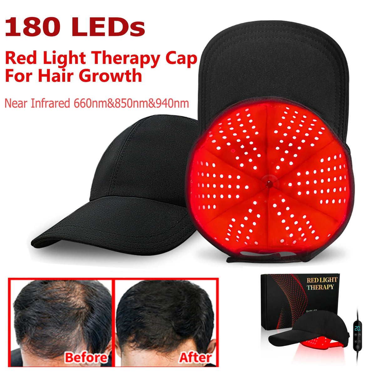 180Pcs Infrared LEDs 660&850&940nm Red Light Therapy Hair Growth Cap for Hair Regrowth Anti Hair Loss Relax Scalp Hair Care Hat