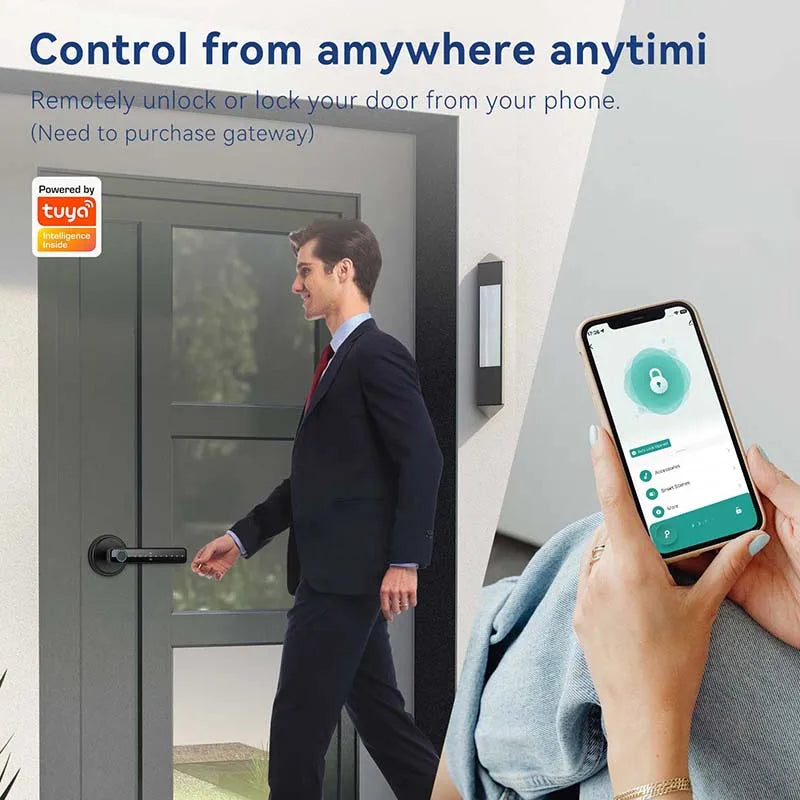 Tuya Handle Fingerprint Key Card Digital Smart Door Lock Keypad Key Entry electronic lock Home House 9 languages audio playback