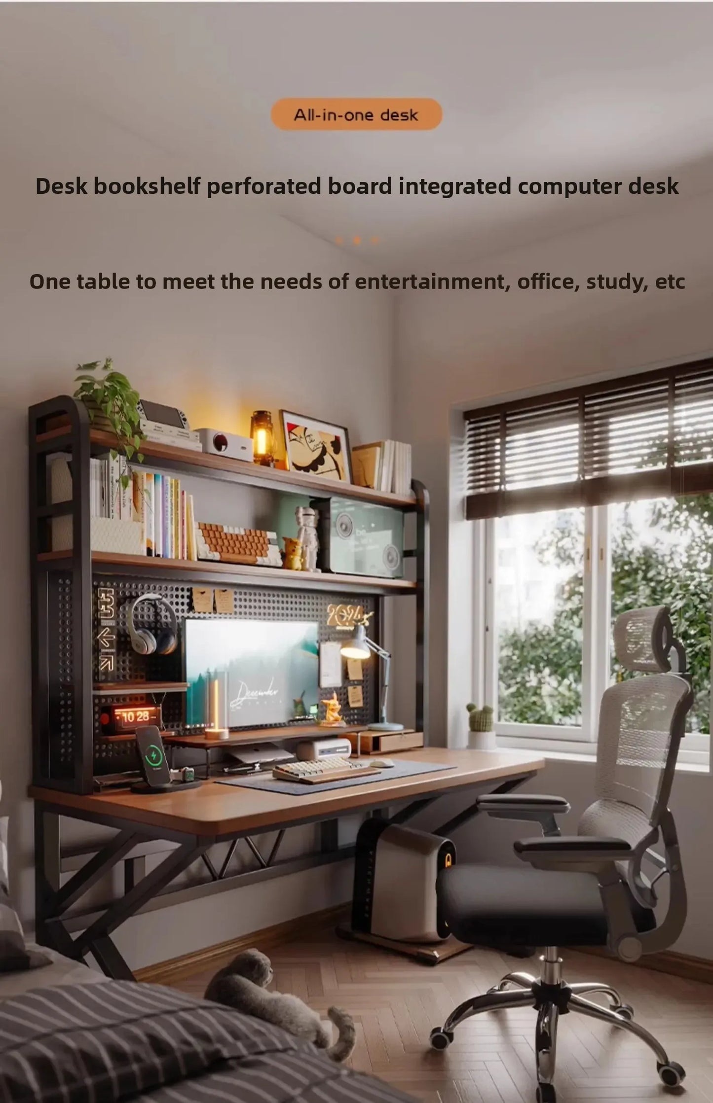 Ergonomic Gaming Desk with Built-in Bookshelf, Cable Management System | Compact Computer Desk for Small Spaces, Bedroom, Home