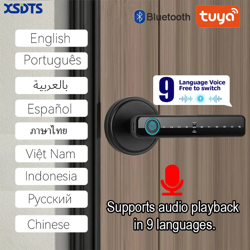 Tuya Handle Fingerprint Key Card Digital Smart Door Lock Keypad Key Entry electronic lock Home House 9 languages audio playback