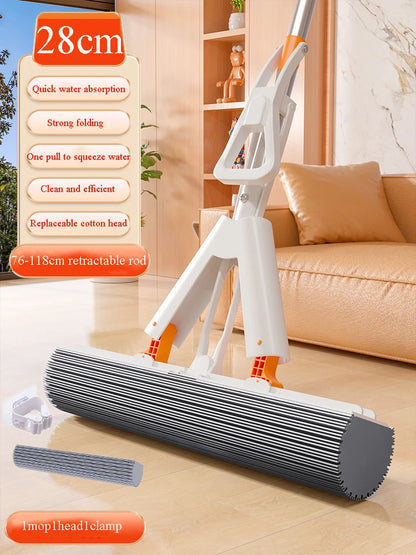 White Orange Water-absorbent Mop Super-Absorbent Roller with 2 Absorbent Mop Head Refills Hangable Lazy Sponge One-mop Clean