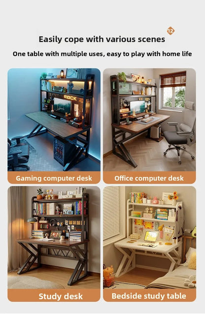 Ergonomic Gaming Desk with Built-in Bookshelf, Cable Management System | Compact Computer Desk for Small Spaces, Bedroom, Home