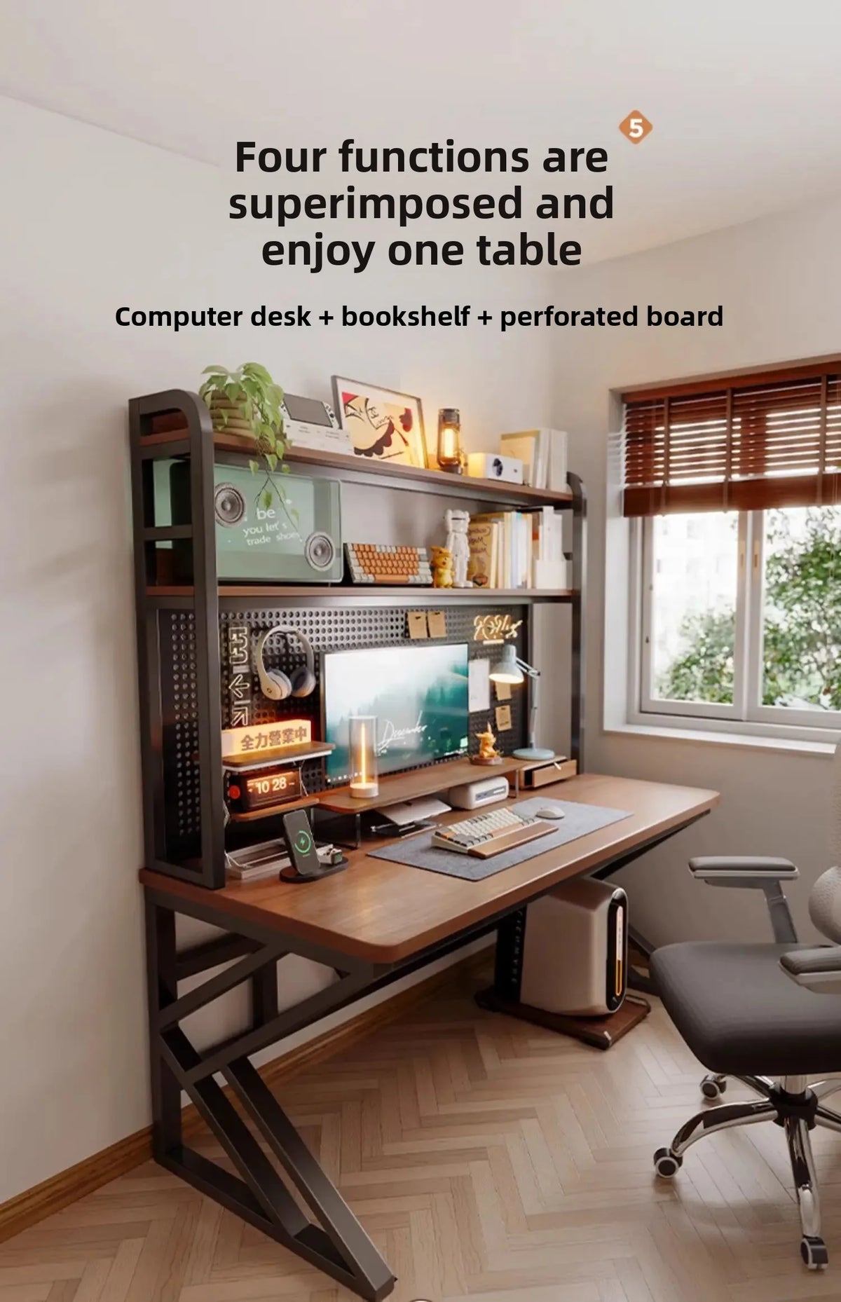 Ergonomic Gaming Desk with Built-in Bookshelf, Cable Management System | Compact Computer Desk for Small Spaces, Bedroom, Home