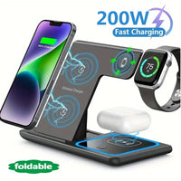 200W 3 in 1 Wireless Charger Stand Pad Foldable Fast Charging Station Dock For iPhone 16 15 14 13 12 11 X 8 Apple Watch Airpods