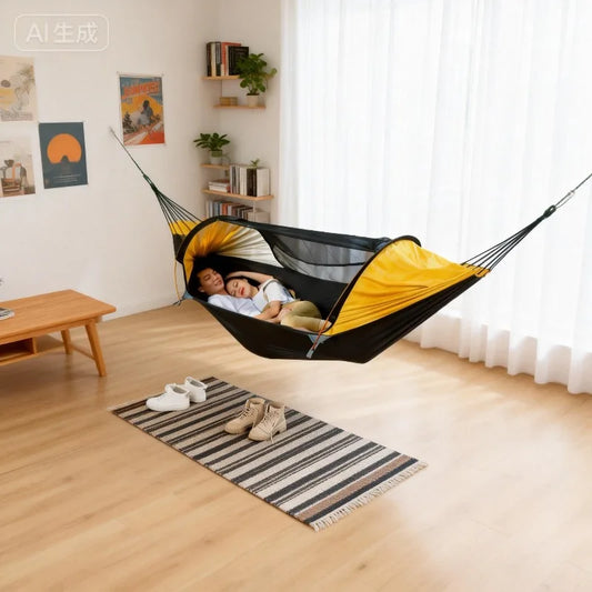 Nylon Fabric Outdoor Camping Hammock Large Space Anti-rollover Mosquito Net Hammocks Wear-resistant 200KG Load-bearing Hammock