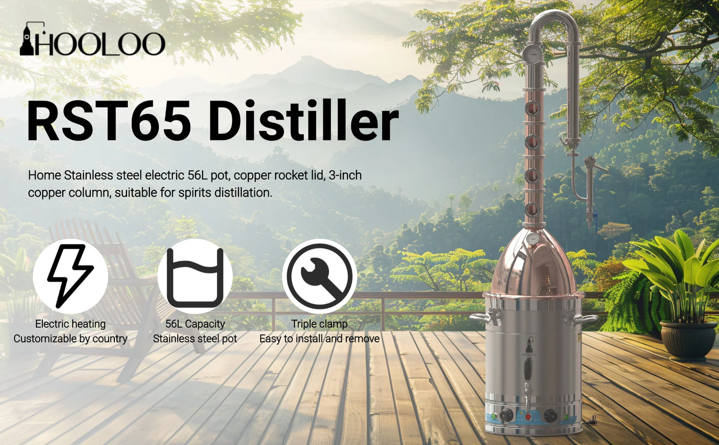HOOLOO RST65 Distiller Home Electric Heating Moonshine Still Distillation Machine Copper Rocket Lid Column Brandy Whisky Rum