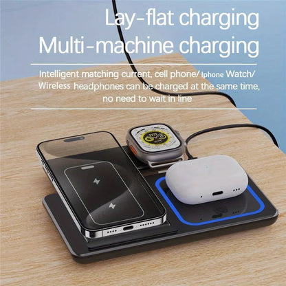 200W 3 in 1 Wireless Charger Stand Pad Foldable Fast Charging Station Dock For iPhone 16 15 14 13 12 11 X 8 Apple Watch Airpods