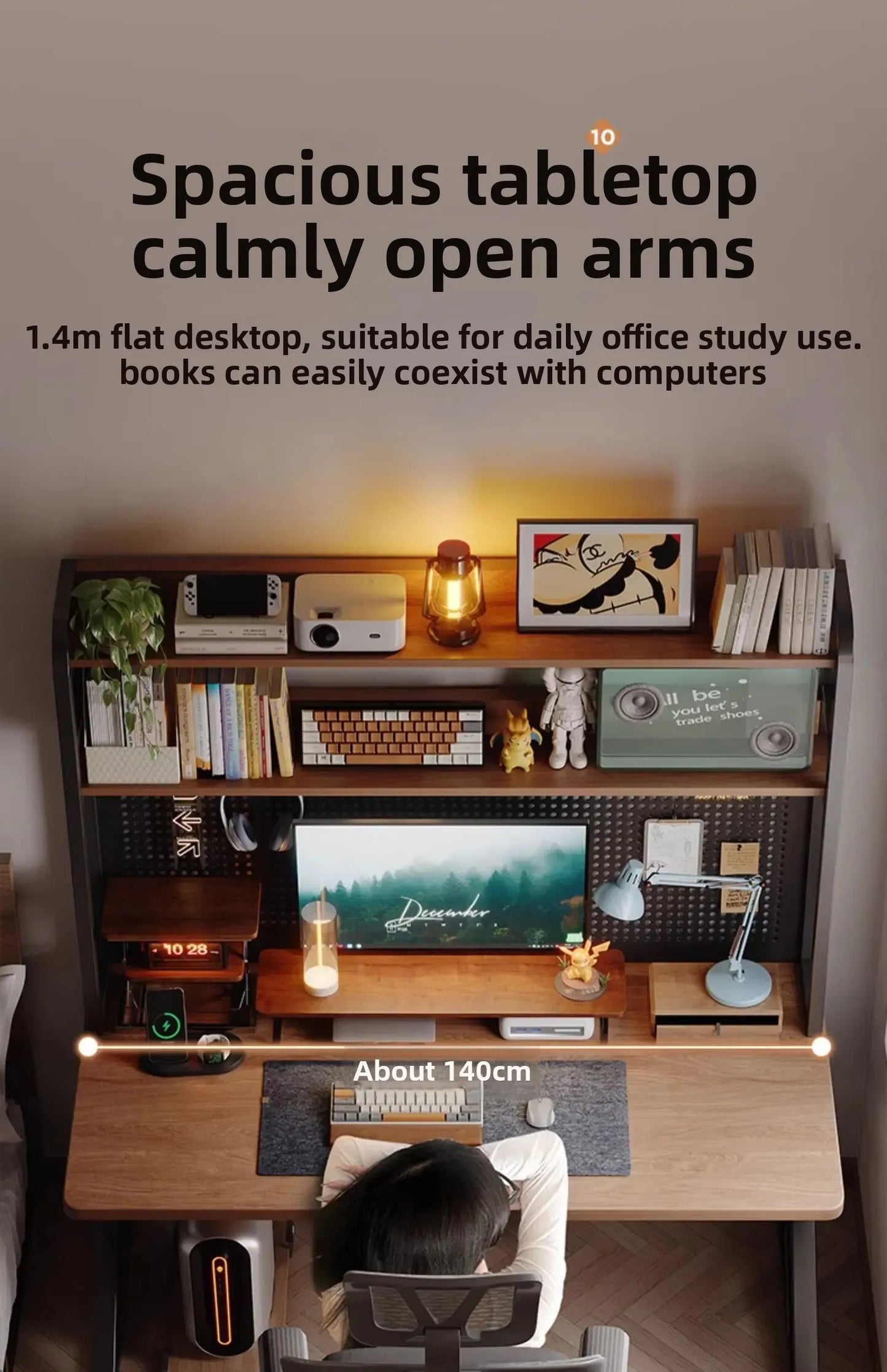 Ergonomic Gaming Desk with Built-in Bookshelf, Cable Management System | Compact Computer Desk for Small Spaces, Bedroom, Home