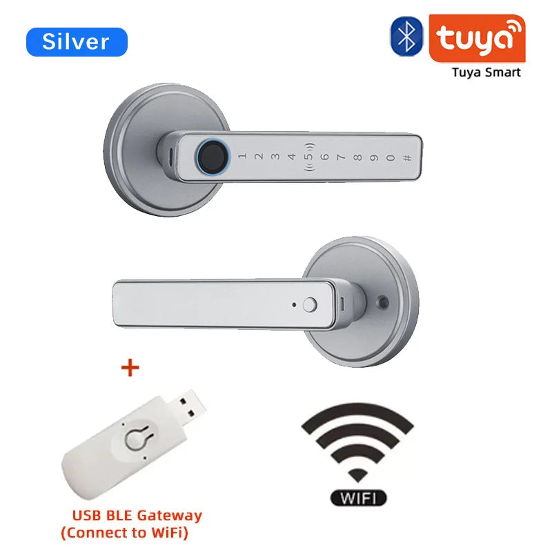 Tuya Handle Fingerprint Key Card Digital Smart Door Lock Keypad Key Entry electronic lock Home House 9 languages audio playback